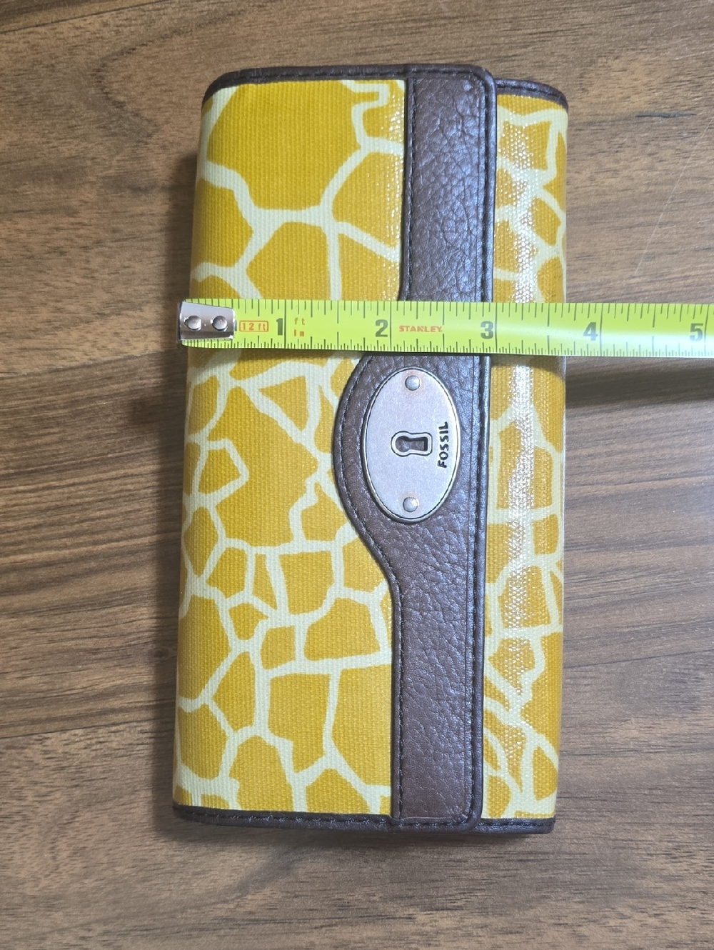 FOSSIL Wallet Tri-fold KEY-PER Coated Canvas Giraffe Print Brown Leather Trim - Picture 9 of 11